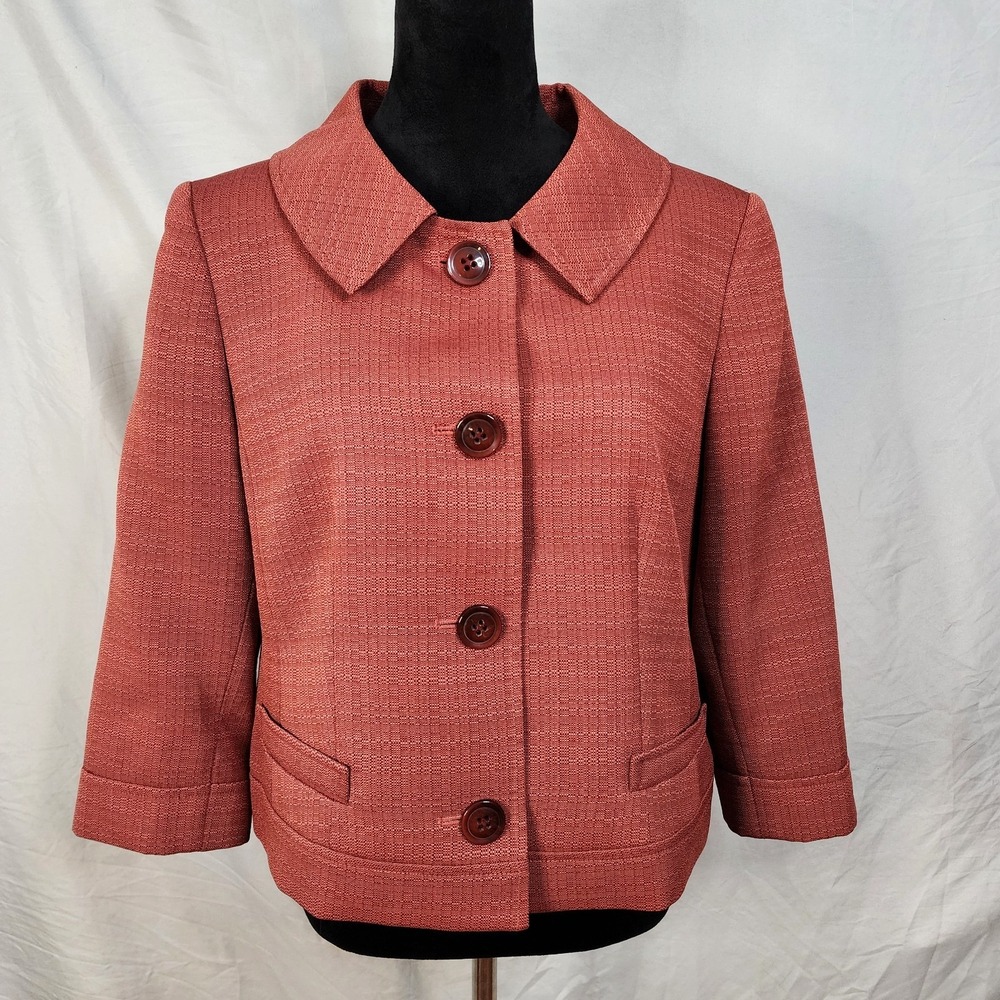 LE SUIT Size 14P Rust Red Tweed Lady Jacket Peter Pan Collar Cropped Blazer EUC
